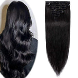 14 Inch Clip in Hair Extensions 100% Human Hair 60g Thin Standard Weft 8 Pcs 18 Clips Straight Clip on Human Hairpieces for Women #1 Jet Black