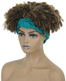 Headband Wigs with Bangs Short Afro Kinky Curly Wigs for Black Women Head Wrap Wigs 2 in 1 Synthetic Brown Blonde Wig for Women Afro Scarf Wigs Short Curly Hair Bun Ponytail With Curly Bangs AK007