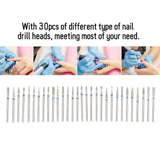 Nail Art Drill Kit, 30Pcs/Set Diamond Grinding Head Nail Art Drill Polish Head Kit Nail Drill Machine Accessories, Nail Polishing Machine Manicure Pedicure Bits(B)
