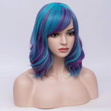 BERON Women's Short Blue Wavy Bob Wig Curly Wig with Bangs Halloween Cosplay Wig Daily Use Synthetic Wigs (Blue Purple)
