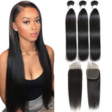 FASHOW Straight Bundles with Closure 9A Brazilian Human Hair Bundles with Closure 100% Virgin Brazilian Straight Hair Weave 3 Bundles with 4x4 Free Part Lace Closure (14 16 18+12 Inch)