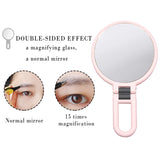 Vtrem 15X 1X Magnifying Makeup Mirror Double Sided Handheld Mirror with Magnification Portable Folding Vanity Mirror with Stand for Home Travel, Pink