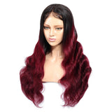 1B Burgundy Ombre Lace Closure Front Wig, 100% Unprocessed Human Hair Wigs with Baby Hair, Red Wine Color Body Wave Lace Wigs 250% Density (12", 1B/99J, 250%)