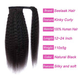Seelaak Yaki Kinky Straight Human Hair Wrap Around Ponytail Hair Piece with Clips Magic Paste Binding Pony Tail Hairpiece for Women 100g/set (20inch)
