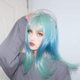 aiyaya Long Mixed Color Wigs Bangs - Natural Synthetic Hair Lolita Wig with Wig Cap for Women Cosplay and Daily Wear (Blue Green Ombre)