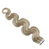 Moresoo 24 Inch Double Sided Wave Tape in Remy Human Hair Extensions Ash Blonde Mixed Bleach Blonde Human Hair Wave Hair Extensions PU Tape ins #P18/613 BW 50G/20pcs