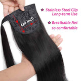 Seelaak 24inch Long Straight Remy Human Hair Ponytail Extension Wrap Around Ponytail Hair Piece with Clips Magic Paste Binding Pony Tail Hairpiece 1B# 100g/set (24inch)