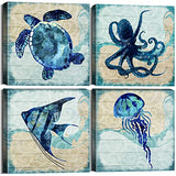 Blue Bathroom Decor Fish Painting Wall Art Ocean Octopus Canvas Prints Beach Marine