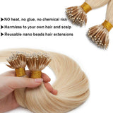 SEGO Nano Bead Ring Human Hair Extension Pre Bonded Nano Tip Remy Hair Extensions Micro Beads Rings Loop Hand Tied Hairpiece 18 Inch #60 Platinum Blonde 1g/strand 50g/pack