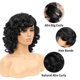 Short Curly Wig with Bangs for Black Women Afro Short Wig Big Bouncy Fluffy Kinky Curly Wig Heat Resist Soft Synthetic Short Curly Afro Wig Black Color