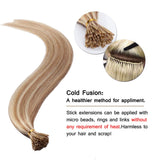 SEGO Pre Bonded Keratin Stick/I Tip Remy Human Hair Extension Cold Fusion Hair Piece for Women Smooth Straight 100 Strands/pack #12P613 Golden Brown&Bleach Blonde 16 inches 50g