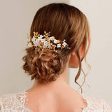 Gorais Flower Bride Wedding Hair Combs Gold Pearl Bridal Hairpieces Leaf Hair Accessories for Women and Girls