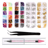 4 Boxes Nail Art Rhinestones Nail Rivets Studs Charms Nail Sequins 3D Nail Gems Decoration Kit Acrylic Crystals with Curved Tweezers Point Drill Pen