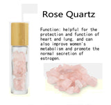 Furnido 5 Pack 10ml Clear Glass Roll On Bottle For Essential Oils,Refillable Roller Bottle With Natural Crystal Gemstone Roller Balls Top,Bamboo Lid-Healing Crystal Chips Inside (Rose Quartz)