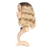 Ombre Honey Blonde Lace Front Wigs for Women 14” Curly Wavy Short Shoulder Length Wig Synthetic Heat Resistant Fiber (T4/22)