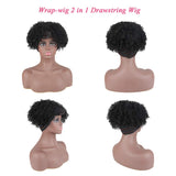 DEYNGS Short Afro Kinky Curly Wigs for Black Women, Afro Curly Wrap-wig 2 in 1 Turban Drawstring Headband Synthetic Pixie Cut Wigs for black Women (1B#)