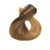 Clip in Hair Extensions Human Hair 18 inch Medium Brown with Honey Blonde Dip Dyed Ombre Balayage 120g Full Head Straight Soft Extension Clips on