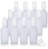 2 oz Frosted Clear Glass Boston Round White Fine Mist Spray Bottle (12 pack) + Funnel for essential oils, aromatherapy, food grade, bpa free