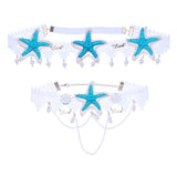 Mermaid starfish headband Bohemian wedding corolla summer beach style elastic lace pearl flower shell necklace accessories (starfish Pearl crystal headpiece+ white lace choker)