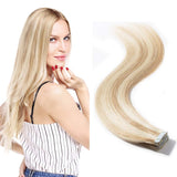 Tape in Hair Extensions Human Hair 40 Pieces Highlight Balayage Double Side Tape Seamless Skin Weft Natural Hair Extensions 40pcs Long Straight(14 inch 80g,#18/613 Light Ash Brown mix Bleach Blonde)