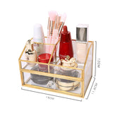 Clear Glass & Brass Metal Cosmetics Storage Display Case,Cosmetic Organizer,Glass Makeup Storage,for Countertop Bathroom Vanity Dresser Ideal Gift (GOLD-X)