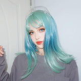 aiyaya Long Mixed Color Wigs Bangs - Natural Synthetic Hair Lolita Wig with Wig Cap for Women Cosplay and Daily Wear (Blue Green Ombre)