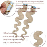 40 PCS Rooted Tape In Hair Extensions Human Hair Invisible Seamless Skin Weft Body Wave Highlight Double Side Tape Remy Human Hair Extensions Balayage Wavy For Women (20'',100g/40pcs,#70 White Blonde)