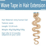 SEGO Wavy Tape in Hair Extensions Human Hair Tape In Real Hair Extensions Body Wave Skin Weft Hair Extensions Invisible Seamless Double Side Tape 40 Pieces Ash Blonde&Bleach Blonde 16inch 100g Wavy
