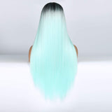 izhenwo Long Straight Ombre Cosplay Costume Wig for Woman Mint Green Black Roots Full Wigs Long Middle Part Wig (mint green)