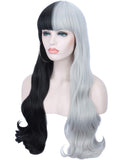 Sotica 26” Long Wavy Curly Wigs 2 Tones Half Black and Half Silver White Wigs with Flat Hair Bangs Natural Looking Heat Resistant Synthetic Full Hair Wigs for Women