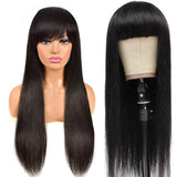 Straight Wigs with Bangs None Lace Front Wigs Glueless Machine Made Wigs for Black Women 150% Density Brazilian Remy Virgin Human Hair Wigs (16 inches, Natural Color)
