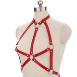 Crysly Punk PU Leather Bra Chest Chain Harness Red Waist Chain Body Chain Ring Belt for Women and Girls