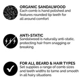 ZEUS Hand Polished Organic Sandalwood Comb Set with Leather Sheath for Mustache, Beard, and Hair - Best 3 Piece Set - Fine and Medium Teeth