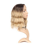 Ombre Honey Blonde Lace Front Wigs for Women 14” Curly Wavy Short Shoulder Length Wig Synthetic Heat Resistant Fiber (T4/22)