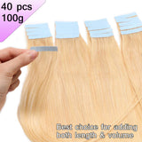 40pcs Thick Tape in Hair Extensions Human Hair 100g Tape in Remy Hair Bleach Blonde 18 inch for Women Seamless Rooted Tape ins Highlighted Long Straight Hair Invisible Double Sided Tape on #613