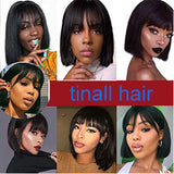 Short Bob Wigs With Bangs 100% Human Hair None Lace Front Machine Made Wigs 130% Density Virgin Human Hair Straight Hair Natural Color (14, bob Bangs)