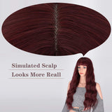 AISI QUEENS Long Wavy Wine Red Hair Wig With Bangs for Women Girls Cosplay Fluffy Wavy Natural Looking Heat Resistant Synthetic Hair Wig for Daily Use 24 inch