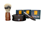 Koenig Mens Shaving Collection - Dark Wood Soap Bowl, Natural Bristle Shaving Brush & 3 Soap Set by Harry Koenig