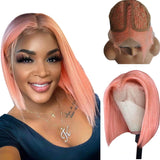 Short Straight Human Hair Bob Wigs T Part Short Straight Blunt Cut Peach Pink 180% Density 13x4x1 Lace Frontal Glueless Straight Wig for Black Women Pre Plucked 10 Inch