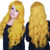 Baruisi Women's Long Curly Wavy Yellow Wig Natural Looking Cosplay Synthetic Bangs Wig for Costume Halloween