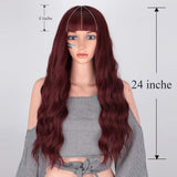 AISI QUEENS Long Wavy Wine Red Hair Wig With Bangs for Women Girls Cosplay Fluffy Wavy Natural Looking Heat Resistant Synthetic Hair Wig for Daily Use 24 inch