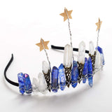 Raw Crystal Quartz Crown Crossed Clear Crystal Headband Tiara Handmade (Blue Raw Crystal with Star)