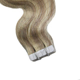 Moresoo 24 Inch Double Sided Wave Tape in Remy Human Hair Extensions Ash Blonde Mixed Bleach Blonde Human Hair Wave Hair Extensions PU Tape ins #P18/613 BW 50G/20pcs