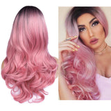 Ombre Pink Wigs None Lace Long Natural Wavy Dark Roots Pink Wig For Women 2 Tone Black to Pink Wavy Wigs for Women Synthetic Heat Resistant Party Wigs Natural Looking Cosplay Wig