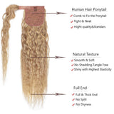20 Inches Wrap Around Human Hair Ponytail Extensions 100% Remy Human Hair Long Corn Wave Curly With Comb Clip in One Piece Pony Tail Extensions For Lady Women #18P613 Ash Blonde&Bleach Blonde 20'' 95g