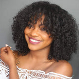 Kinky Curly Wigs with Bangs Grade 10A Virgin Human Hair Wigs for Black Women Kinky Human Hair Wigs with Bangs 150% Density Glueless None Lace Front Wigs Natural Black Color(18 inch)