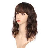 Earfodo Wavy Wig with Bangs Brown Highlight Bob Wigs Short Curly Wavy Wig Should Length Synthetic Heat Resistant Fiber 14 Inch Natural Looking Dating Party Wig