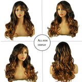 MYCHANSON Mixed long wavy Wigs with bangs 3 Tones Brown 22 Inch Long Curly wavy Full Natural Women Heat Resistant Synthetic Hair Highlights Wig Side Part Custom Party Wig