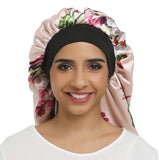 Long Satin Bonnet Sleep Cap Silky Night Hat Extra Long Double Layer Elastic Band for Women Curly,Braids, Dreadlocks, Long Hair(Long size, Long Pink Flower)