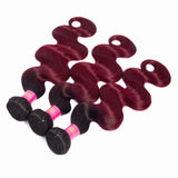 FEEL ME 1b/99j Ombre Brazilian Hair Bundles Body Wave Unprocessed Virgin Hair Extension Black to Burgundy Red Ombre Weave Human Hair Bundles(16inch)